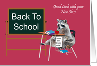 Back to School to teacher, general, Raccoon sitting at a school desk card