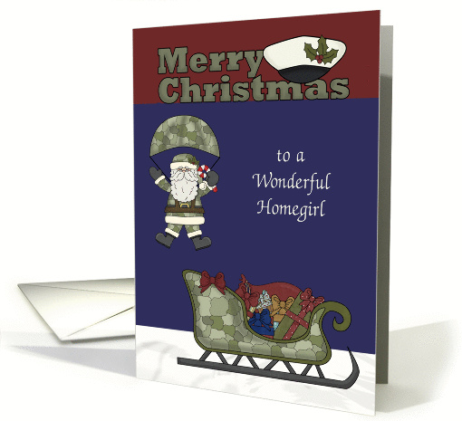 Christmas to Homegirl, Marines, Santa Claus parachuting, sleigh card