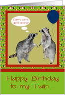 Birthday to my Twin with Raccoons and a Balloon on Clown Paper card