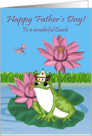 Father’s Day To Coach, Frog wearing a crown sitting on a lily pad card