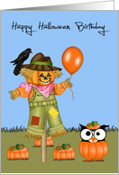 Birthday on Halloween, general, Owl in pumpkin patch with a scarecrow card