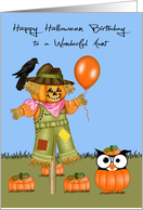 Birthday On Halloween to Aunt, Owl in pumpkin patch with a scarecrow card