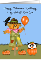 Birthday On Halloween to Birth Son, Owl in a pumpkin patch, scarecrow card