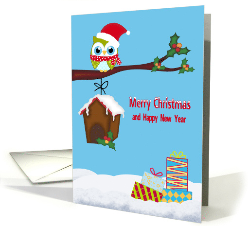 Christmas with a Cute Owl Sitting on a Tree Limb in the Snow card