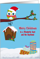 Christmas to Aunt and Boyfriend, Cute owl sitting on a tree limb card