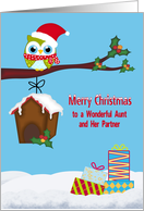 Christmas to Aunt And Partner, Cute owl sitting on a tree limb, holly card