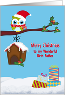 Christmas to Birth Father, Cute owl sitting on a tree limb with holly card