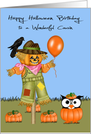 Birthday On Halloween to Cousin, Owl in a pumpkin patch, scarecrow card