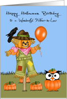 Birthday On Halloween to Father-in-Law, Owl in a pumpkin patch card