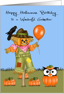 Birthday On Halloween to Godmother, Owl in a pumpkin patch, scarecrow card