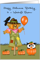 Birthday On Halloween to Nephew, Owl in a pumpkin patch, scarecrow card