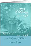 Christmas to Cousin and Fiance, Presents, Bows, Ornaments on blue card