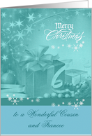 Christmas to Cousin and Fiancee, Presents, Bows, Ornaments on blue card