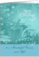 Christmas to Cousin and Wife, Presents, Bows, Ornaments on blue card