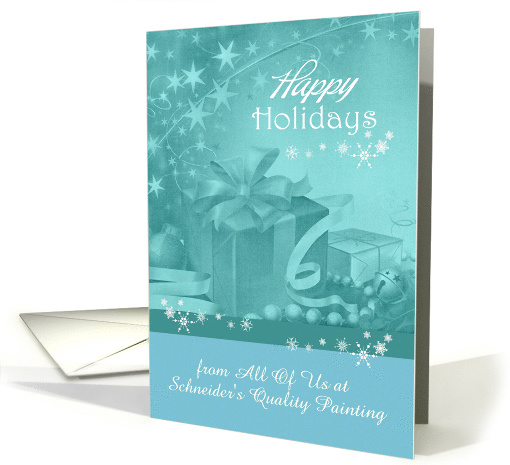 Happy Holidays, custom name business, presents, bows, snowflakes card