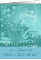 Christmas to Sister-in-Law To Be, Presents, Bows, Ornaments on blue card