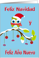 Christmas Spanish with an Owl Wearing a Santa Claus Hat on a Limb card