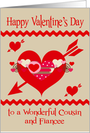 Valentine’s Day To Cousin and Fiancee, white and pink hearts, arrows card
