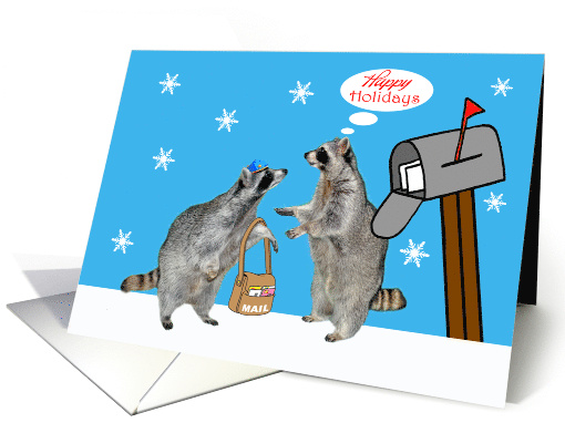 Happy Holidays to Mail Carrier Raccoons with Mail Bag and Mailbox card