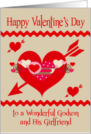 Valentine’s Day To Godson and Girlfriend, red, white and pink hearts card