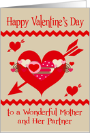 Valentine’s Day To Mother and Partner, red, white and pink hearts card