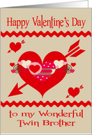 Valentine’s Day To Twin Brother, red, white and pink hearts, arrows card
