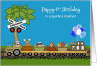 6th Birthday to Grandson, train with woodland animals, track, balloons card