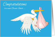 Congratulations on becoming Great Uncle, grandniece, stork with baby card