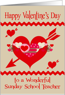 Valentine’s Day to Sunday School Teacher, red, white and pink hearts card