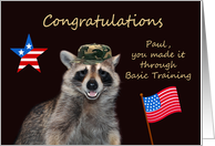 Congratulations to Paul, Completing Basic Training, raccoon, flag card