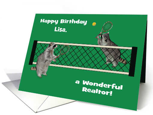 Birthday to Realtor, custom name, cute raccoons playing tennis card