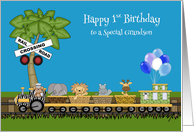 1st Birthday to Grandson with a Train Carrying Cute Jungle Animals card