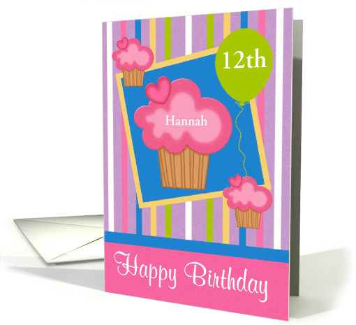 Birthday Custom Name and Age with Cupcakes and a Colorful Balloon card