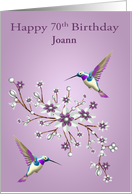 70th Birthday Custom Name with Hummingbirds and Pretty Flowers card