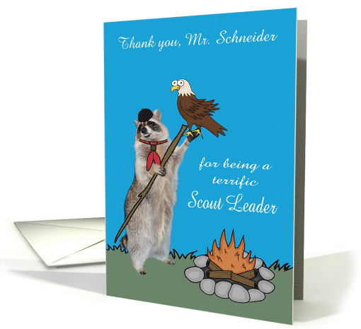 Thank You to Scout Leader Custom Name with a Raccoon and an Eagle card