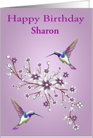 Birthday Custom Name with Hummingbirds and Purple and White Flowers card