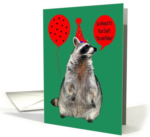 Birthday, raccoon wearing a party hat with a balloon, polka dots card