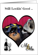 Anniversary to Spouse, wedding, Pomeranian in fancy hat with raccoon card