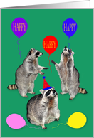 Birthday Card with Raccoons Wearing Party Hats Playing with Balloons card
