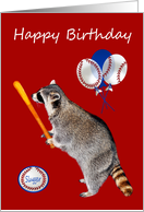 Birthday, general, raccoon holding a baseball bat on red with balloons card