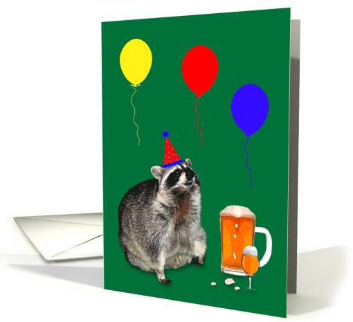 Birthday Card with a Raccoon wearing a Hat and a Pitcher of Beer card