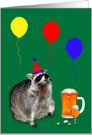 Birthday Card with a Raccoon wearing a Hat and a Pitcher of Beer card