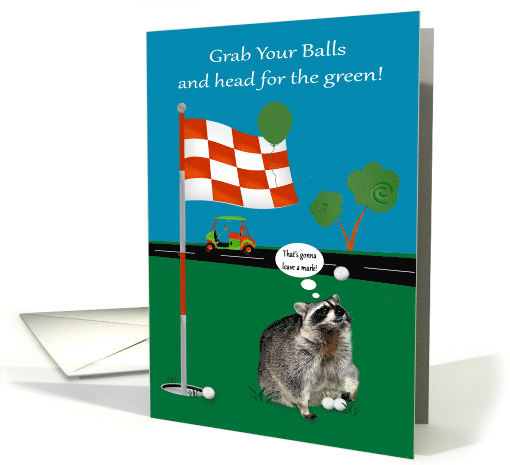 Birthday Golf Theme with a Raccoon and Golf Balls on a Golf Green card