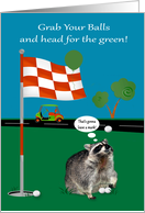 Birthday Golf Theme with a Raccoon and Golf Balls on a Golf Green card