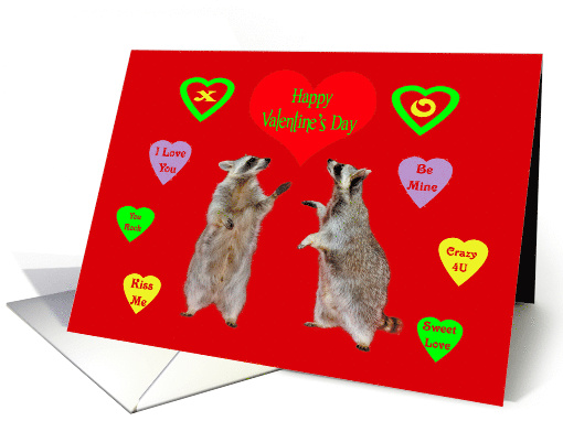 Valentine's Day with Raccoons Surrounded by Conversation Hearts card