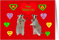 Valentine’s Day with Raccoons Surrounded by Conversation Hearts card