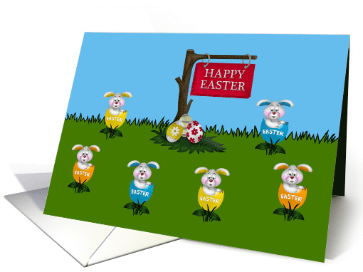 Easter, general, adorable bunnies in tulips with decorated eggs card