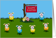 Easter, general, adorable bunnies in tulips with decorated eggs card