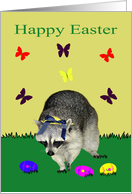 Easter, raccoon wearing Easter bonnet with eggs, butterflies on yellow card