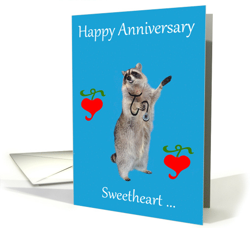 Wedding Anniversary with a Raccoon Wearing a Stethoscope on Blue card